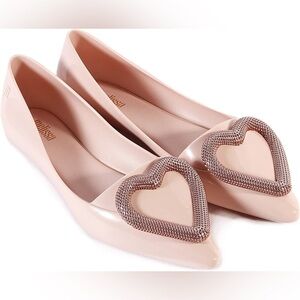 Melissa Pointy Heart Jelly Pointed Toe Flat in Nude/Rose Gold Size 8/39